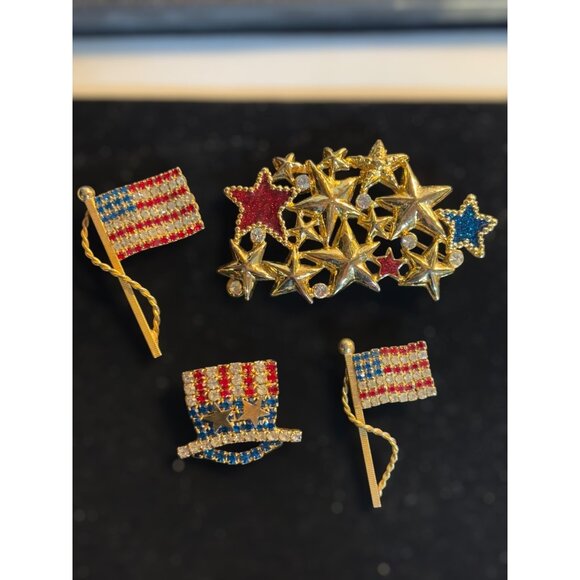 4 piece Patriotic Brooch Pin Set Collection With Stars & Stripes Design Red/Blue - Picture 3 of 16